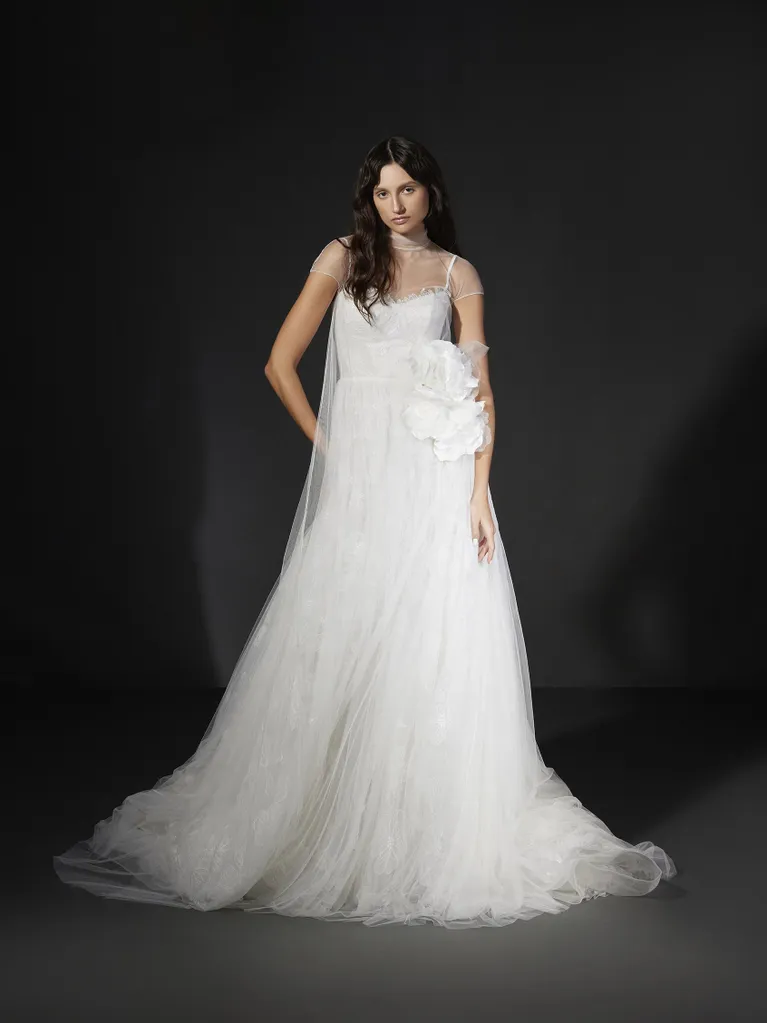 Abito da sposa Vera Wang di taglio A con décolleté rotondo in tulle ricamato - val